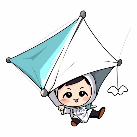 cute little boy flying with a kite on a white background