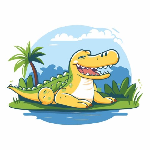 Cute crocodile sitting on the grass. Cartoon vector illustration