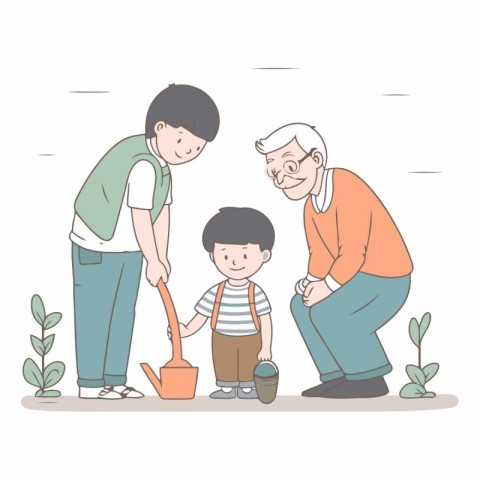 Grandfather. grandfather and grandson are gardening together.