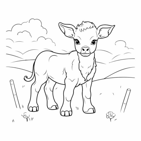 Cute cartoon calf on the meadow for coloring book.