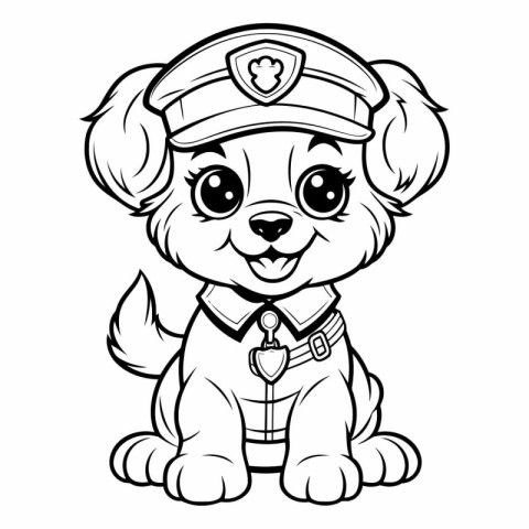 Cute Cartoon Police Dog - Black and White Vector Illustration.