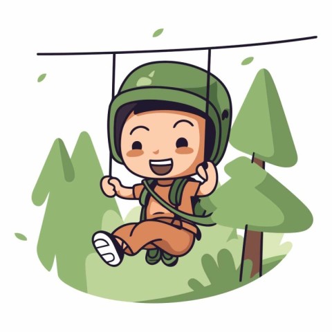 Cute little boy swinging on a swing in the park cartoon vector i