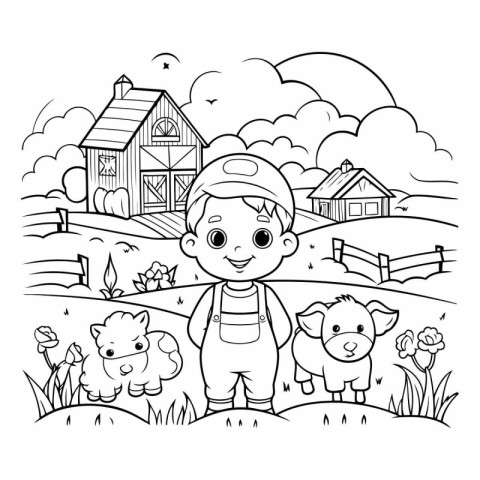 Cute little boy with farm animals for coloring book