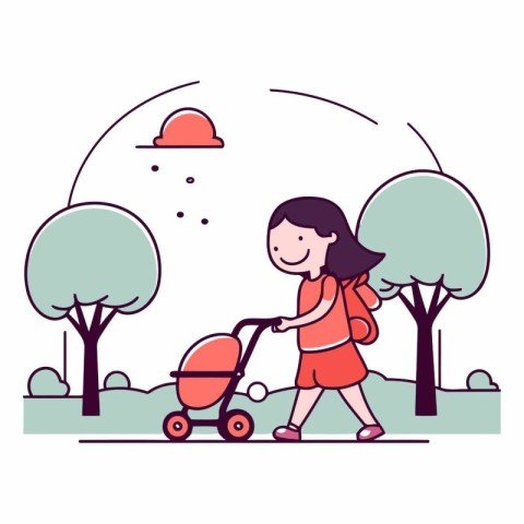 Little girl walking with a stroller in the park