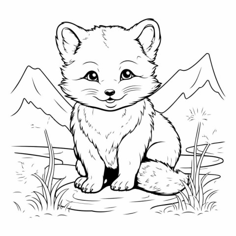 Cute fox sitting in the grass for coloring book.