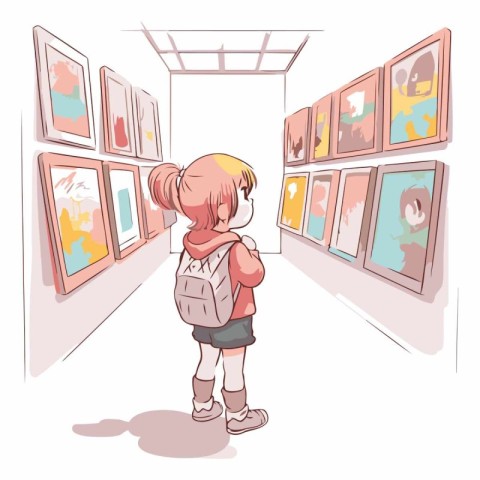 Illustration of a little girl looking at paintings in an art gal