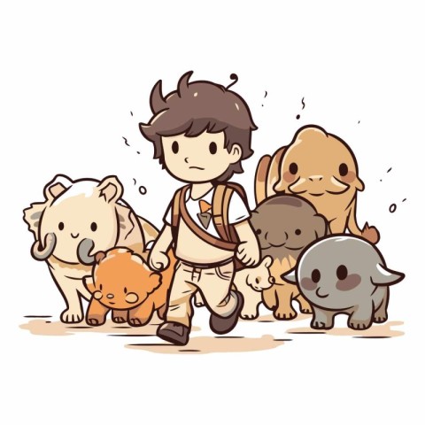 Cartoon boy with a group of animals on a white background.