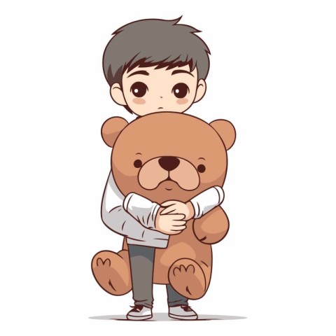 Cute little boy holding big teddy bear.