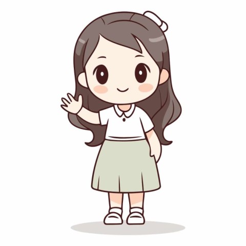 Cute little girl waving hand in cartoon style.