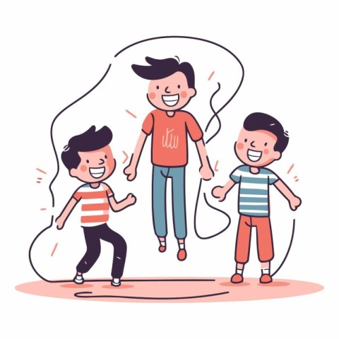 Vector illustration of happy children playing with jumping rope.