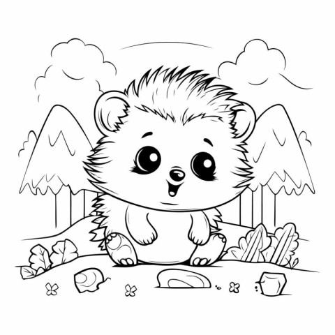 Cute cartoon hedgehog. Black and white vector illustration for c