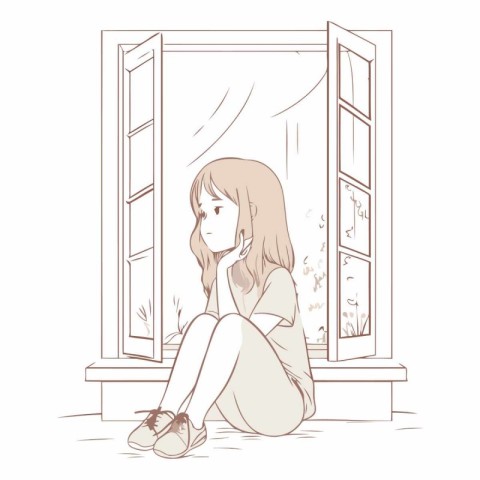 Illustration of a sad girl sitting in front of the window.