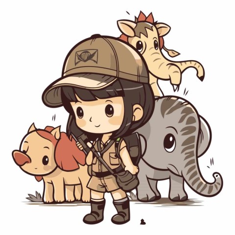 Illustration of a Cute Little Boy in a Safari Gear with Animals