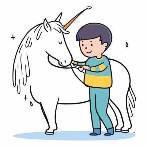 Cute little boy riding unicorn in cartoon style.