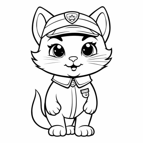 Black and White Cartoon Illustration of Cute Cat Police Characte