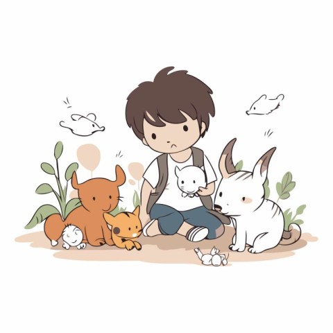 Boy playing with dog and cat. Cute hand drawn vector illustratio