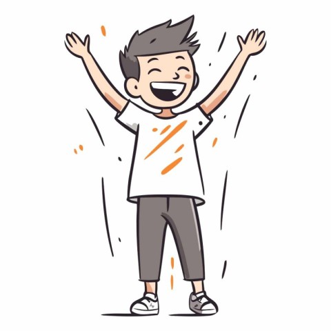 Happy boy with hands up in doodle style.