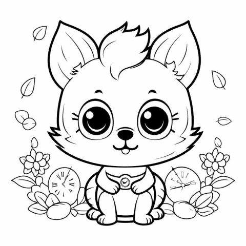 Coloring book for children: Cute little fox sitting on the flowe