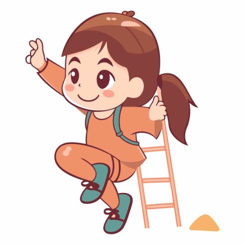 Cute little girl climbing the ladder in cartoon style.