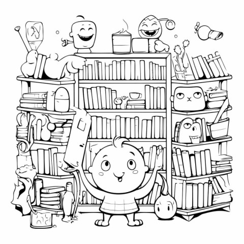 Cartoon Illustration of Bookshelves with Funny Kids Characters C