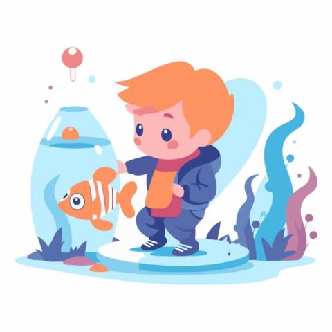 Little boy playing with fish in aquarium in cartoon style