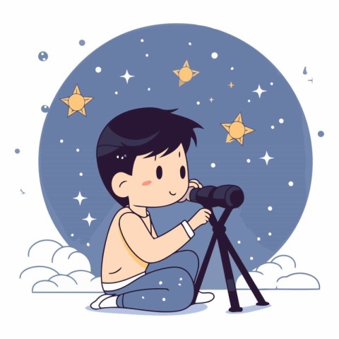 Cute little boy with a telescope and stars.