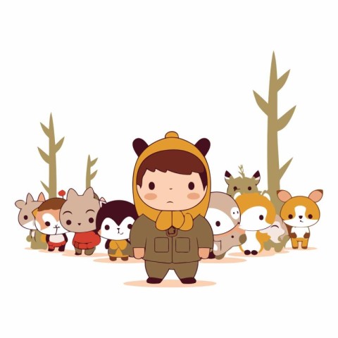 cute little boy with bear and wild animals in the forest vector