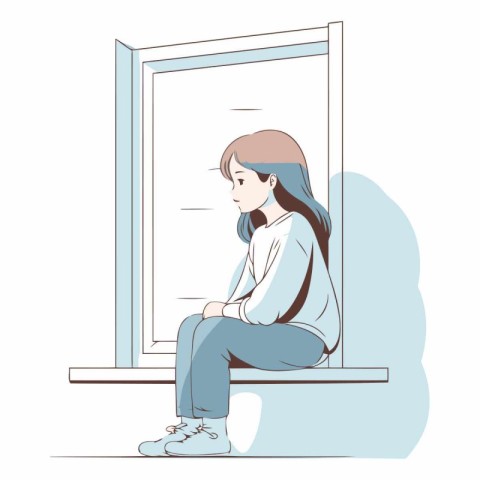 Illustration of a sad girl sitting in front of the window.