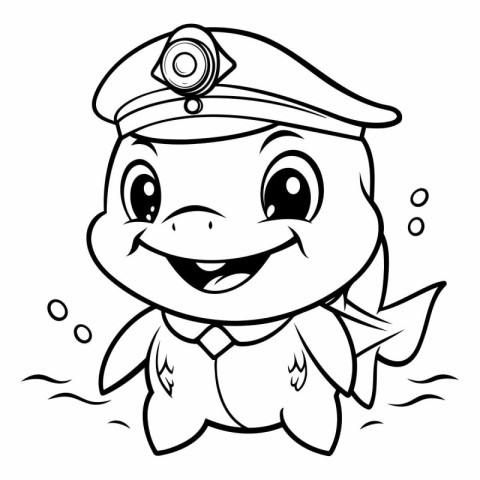 Black and White Cartoon Illustration of Cute Little Fish Captain