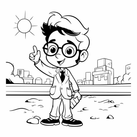 Black and White Cartoon Illustration of Kid Boy in Glasses for C