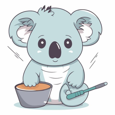 Cute cartoon koala with toothbrush and bowl of milk.