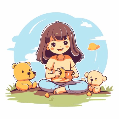 Little girl sitting on the grass with her teddy bears.