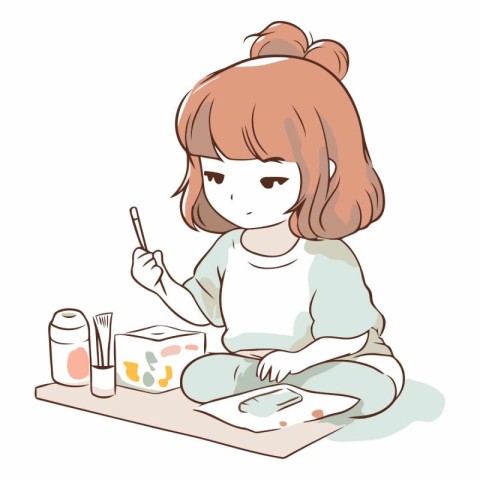 Illustration of a Cute Little Girl Painting with a Paintbrush