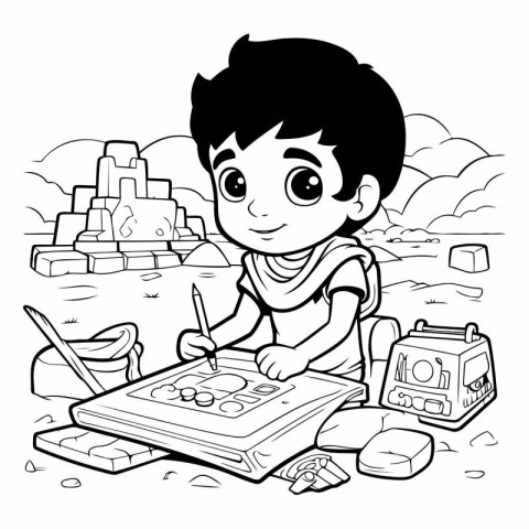 Boy playing in the sand - black and white vector illustration fo