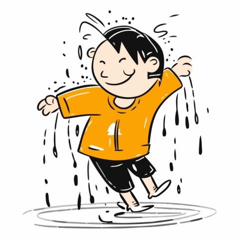 Cartoon happy boy jumping in the rain on white background.