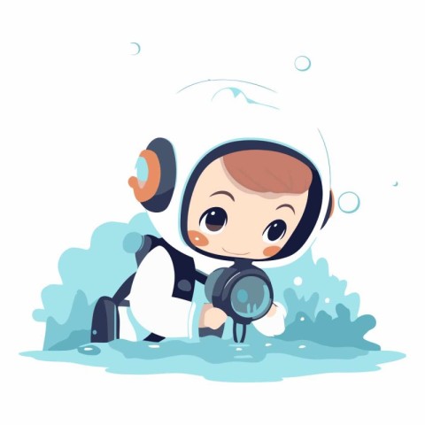 Cute little boy in space suit with magnifying glass