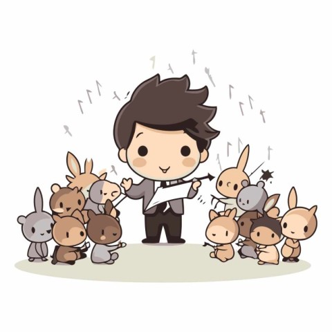 funny cartoon boy playing with a group of animals