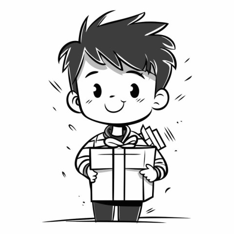 Boy holding a gift box - Black and White Cartoon Vector Illustra