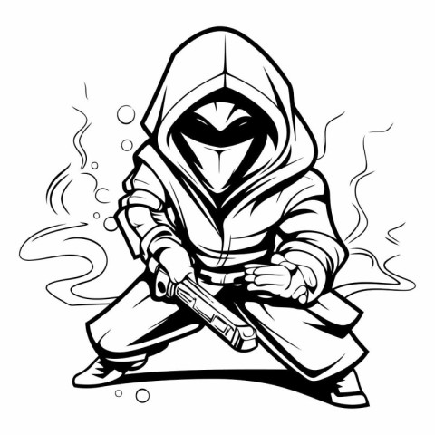 Vector illustration of a hooded criminal with a gun in his hand.