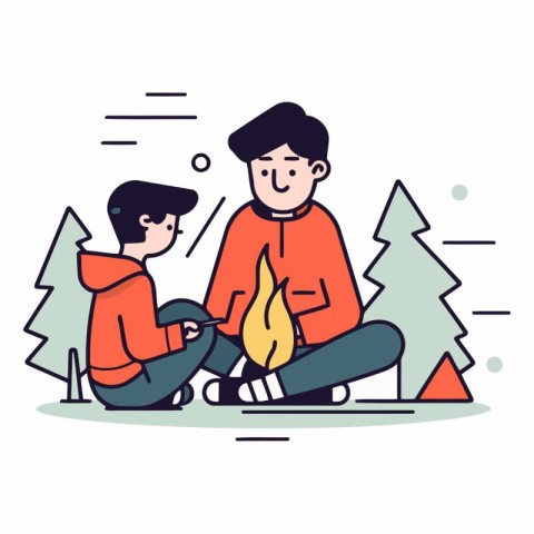 Father and son camping by the campfire. Flat line style vector i