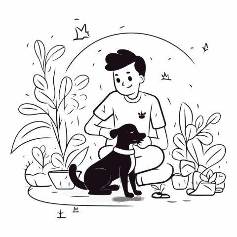 Vector illustration of a man sitting with a dog in the garden.