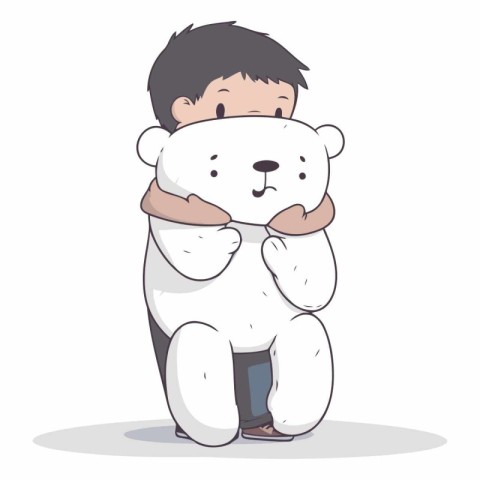 Cute little boy hugging a white polar bear.