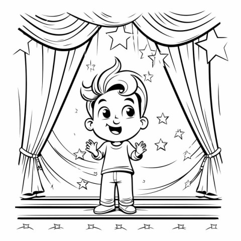 Cartoon little boy on stage with curtains for coloring book.