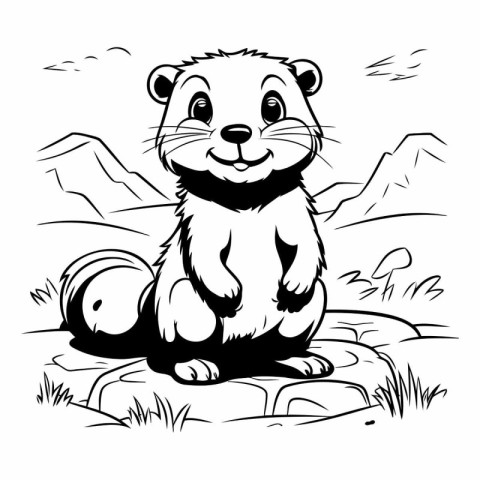 Cute Ground Squirrel - Black and White Cartoon Illustration. Vec