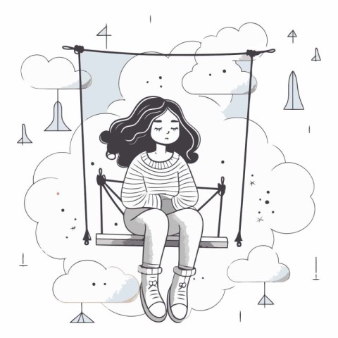 Vector illustration of a girl sitting on a swing in the clouds.