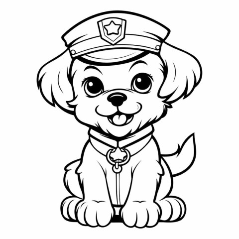 Black and White Cartoon Illustration of Cute Puppy Police Dog Co