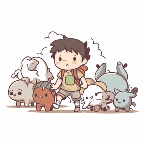 Illustration of a Cute Boy Walking with Different Animals Around