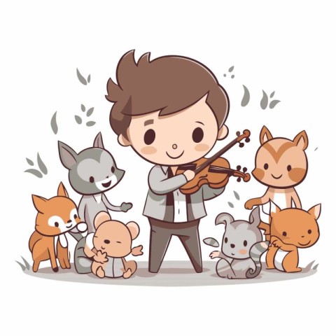 Boy playing the violin with a group of animals.