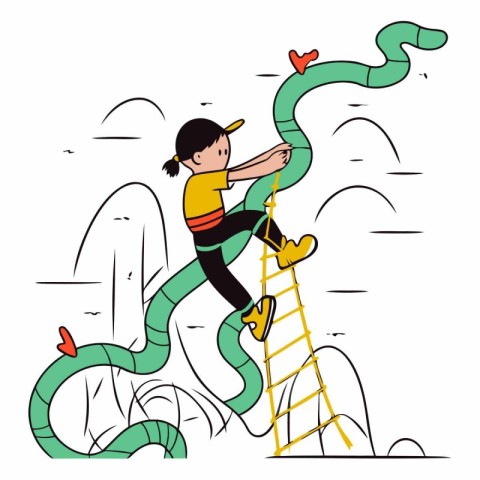 Vector illustration of a girl climbing a ladder and holding a sn