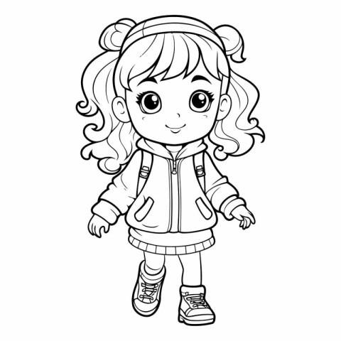 Coloring book for children: little girl in winter clothes.